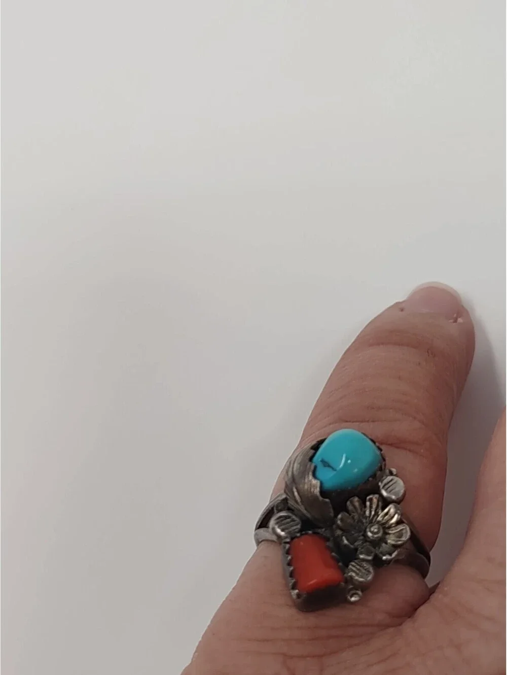 VTG Navajo 925 Sterling Turquoise Coral Ring Size 7 MS Star